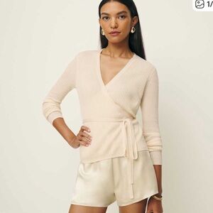 Reformation V-Neck Ribbed Wrap Sweater - Cream